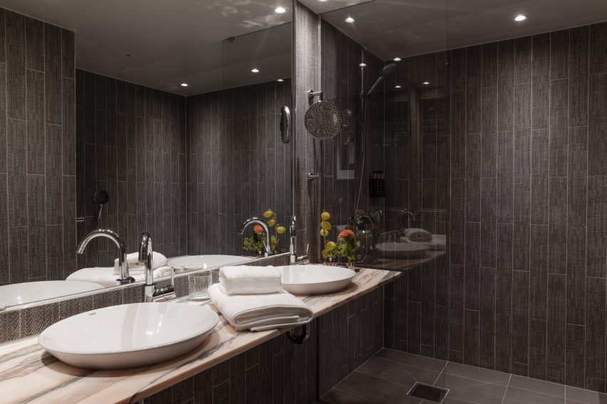 bathroom in stratum suites by bernadotte & kylberg in clarion hotel sign in stockholm