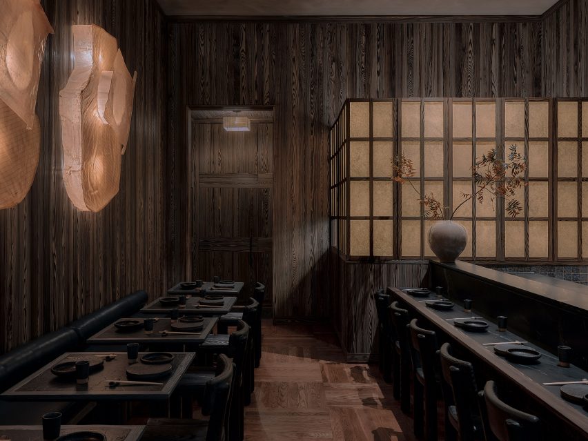 charred-timber-clad interior by kelly wearstler