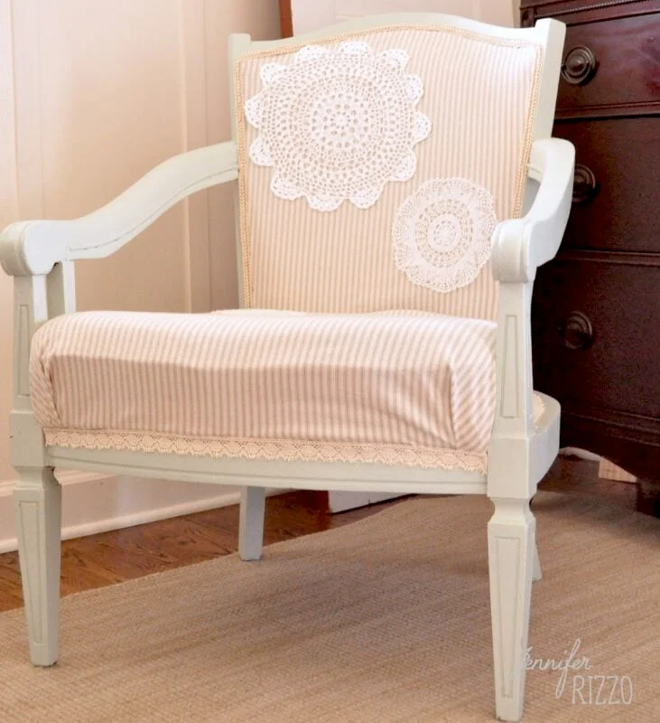 Embellishing an Upholstered Chair with Doilies 15 Chair makeover with doilies sewn on the back