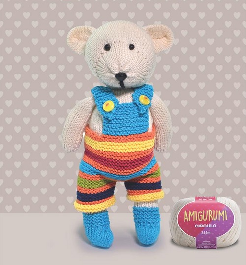 knitted teddy bear with overalls