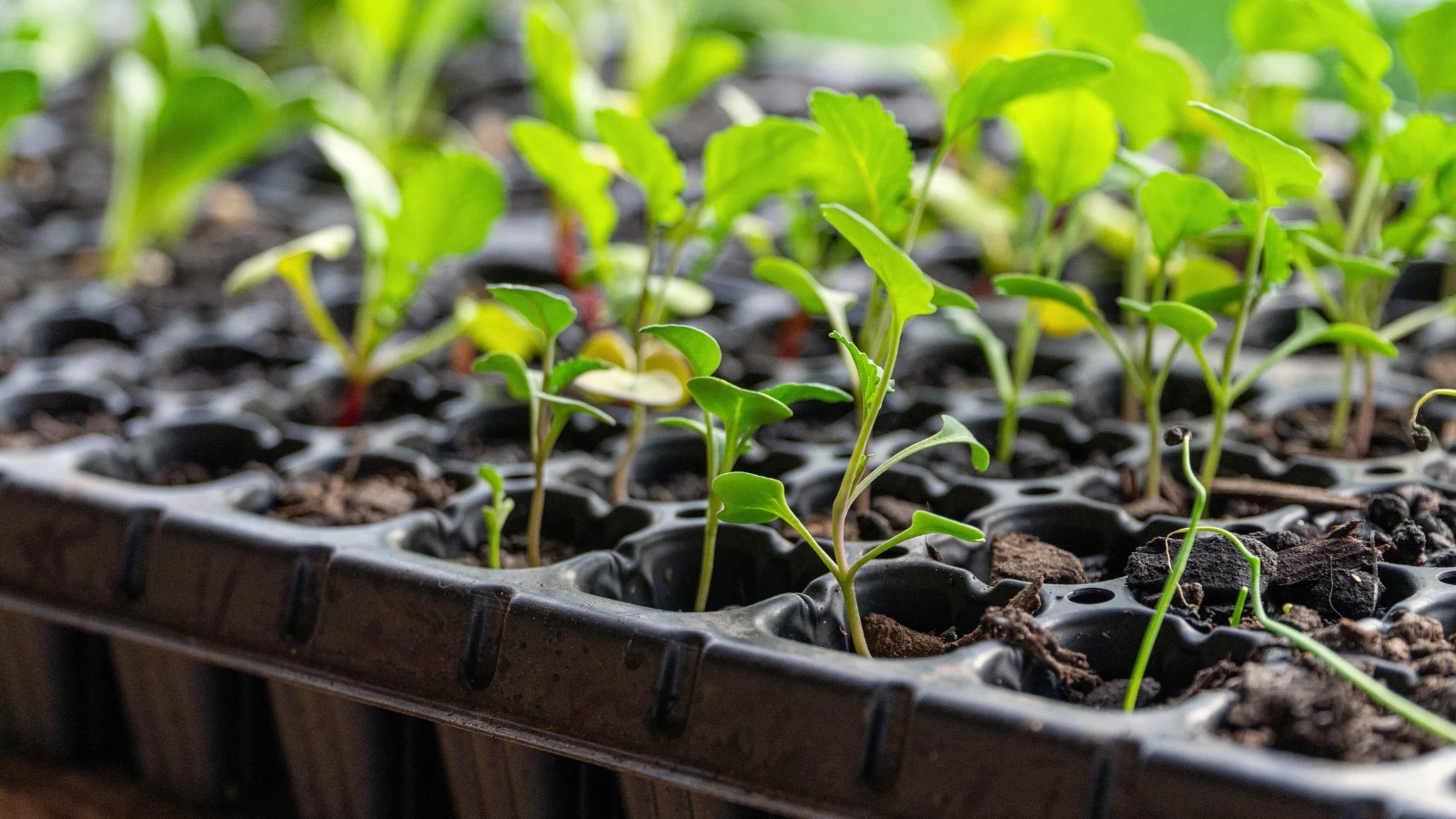 a close-up shot of a composition of young developing plants, placed on a tray, in a well lit area