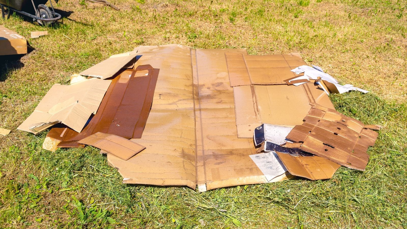 a shot of several layers of cardboard placed in a grassy yard area outdoors as soil amendment