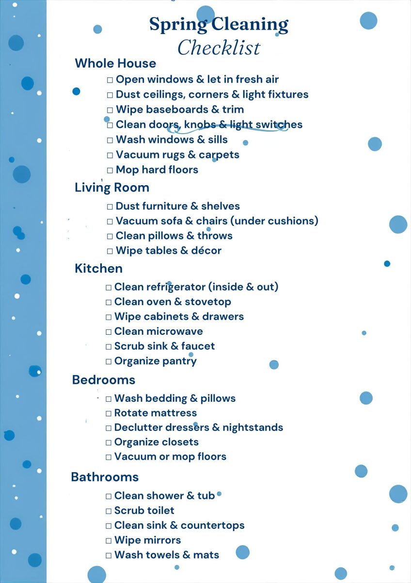 a spring cleaning checklist featuring cleaning tips for the house with sections for whole house, living room, kitchen, bedrooms, and bathrooms on a white background with blue dots. each section lists specific cleaning tasks with checkboxes.