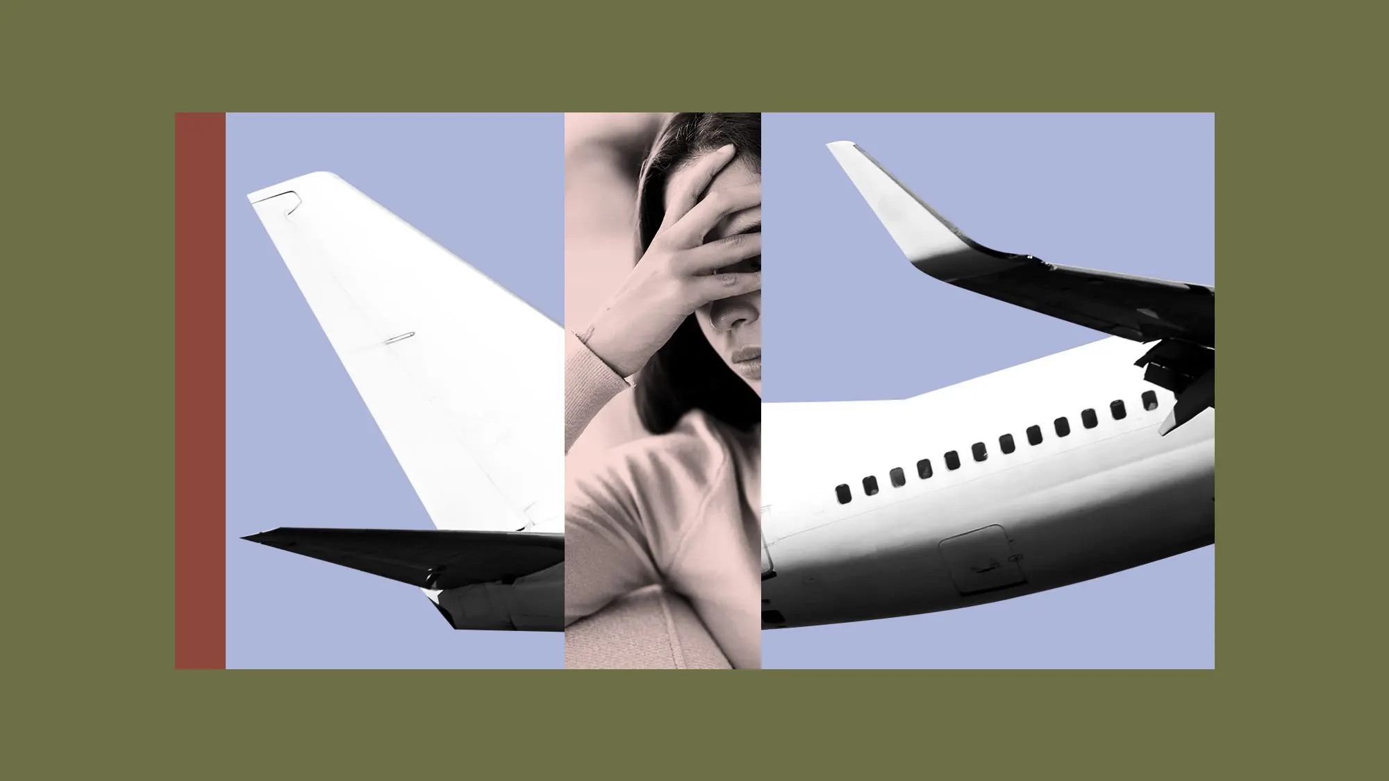 ask a climate therapist: how can i balance my travel itch with guilt about emissions? 5 collage of person looking upset with plane in background