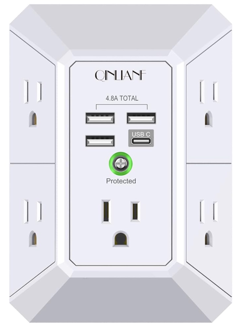 a white wall outlet extender with six ac outlets, three usb-a ports, one usb-c port, a grounded light indicator, and the brand name “qinlianf” on the front panel.