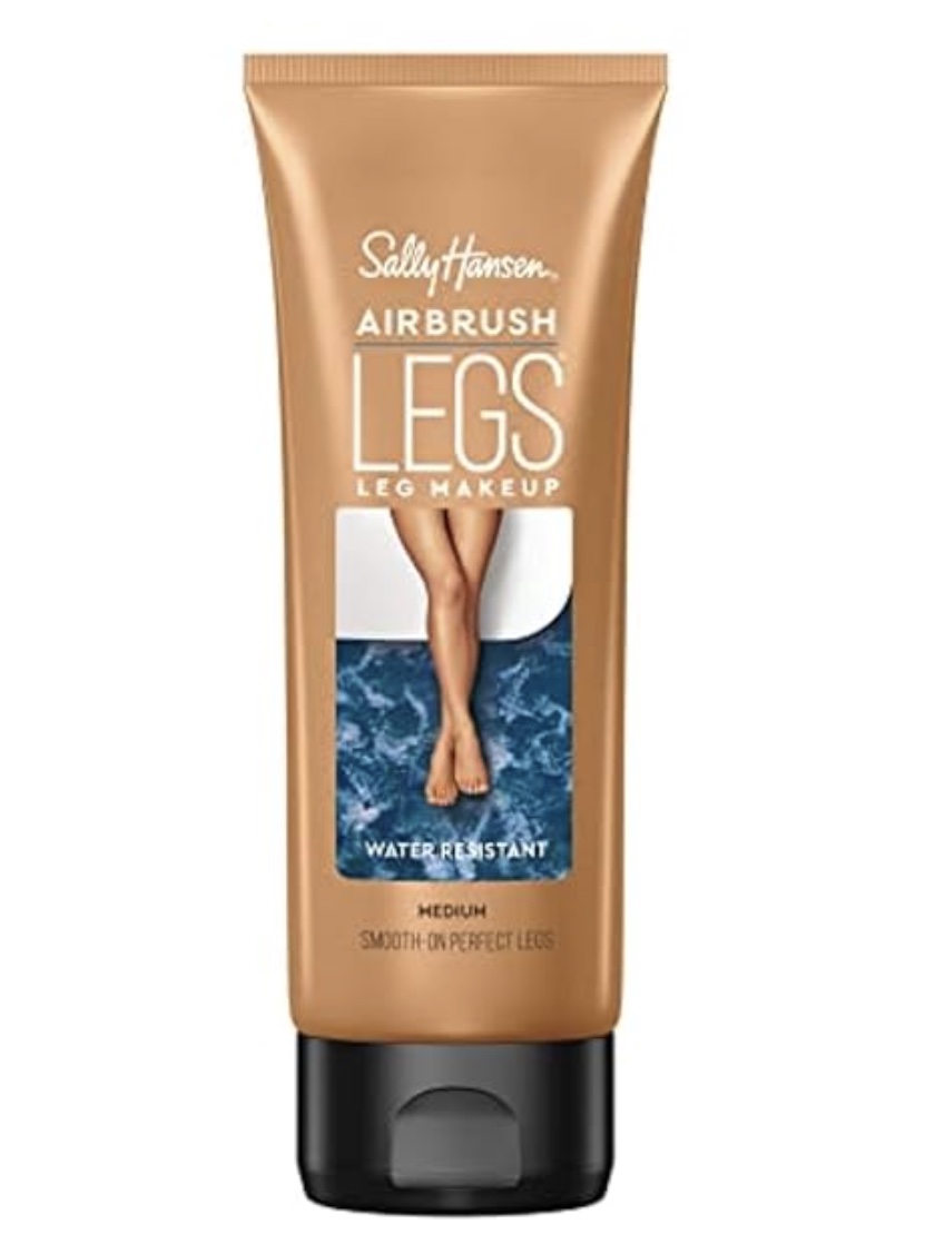 a tube of sally hansen airbrush legs leg makeup, labeled as water resistant and shade medium, with an image of smooth legs on the front.