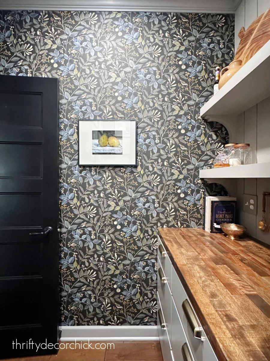 dark botanical wallpaper pantry