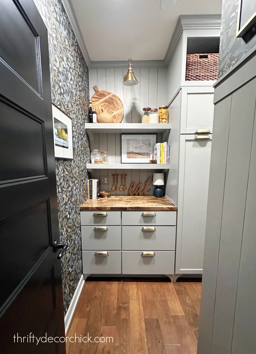 pantry updates with molding and wallpaper
