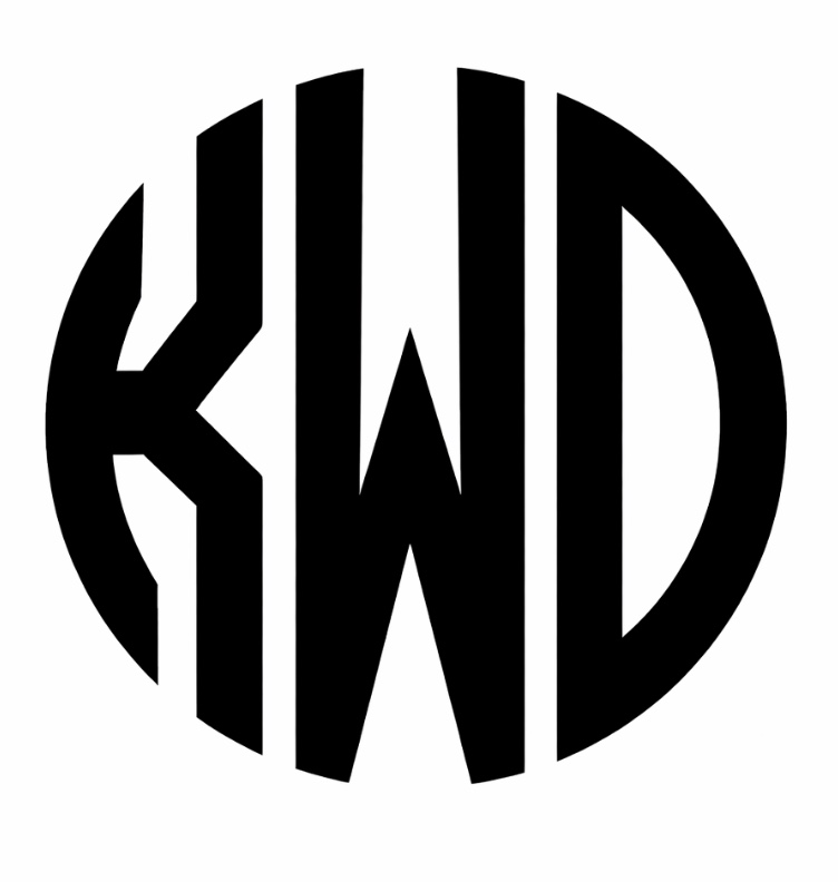 bold, black letters "kwd" arranged in a circular monogram, with each letter stylized and elongated to fit within the shape of the circle, on a white background.