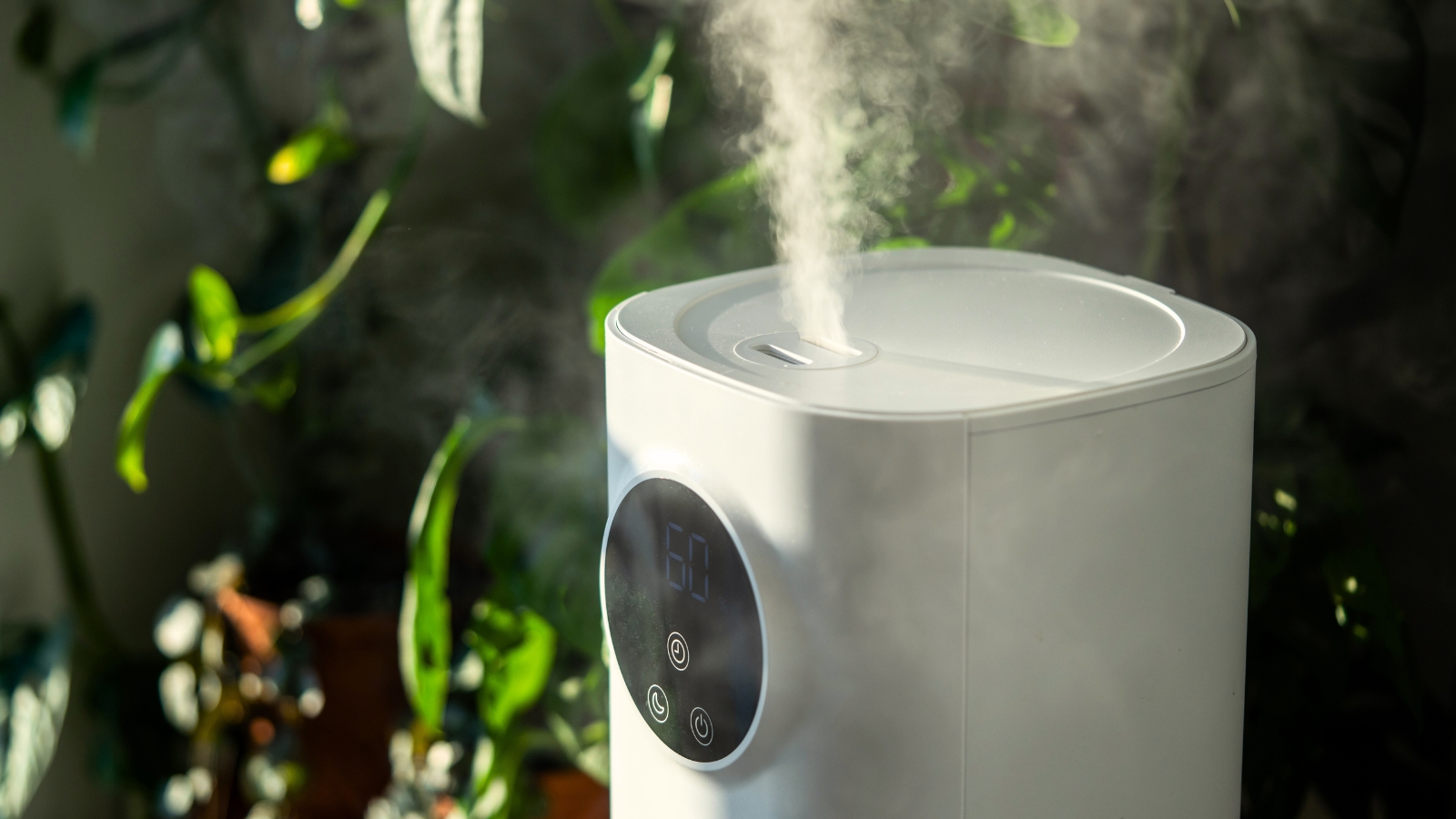 close-up of a white plastic humidifier spraying a damp breeze into the air next to tropical houseplants.