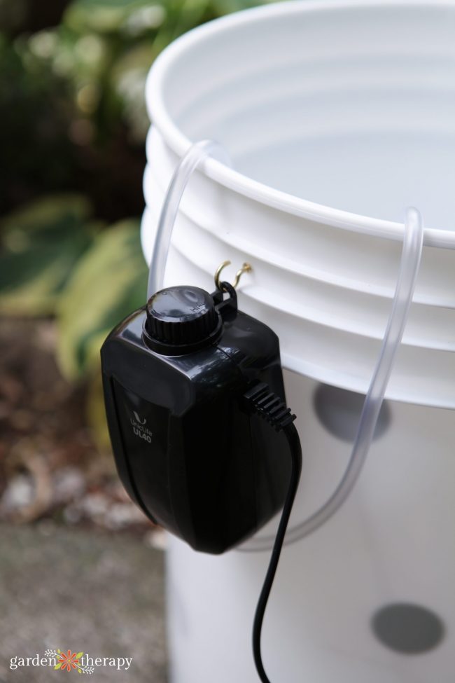 make compost tea with this diy home brewer 22 aquarium air pump attached to a white 5 gallon bucket, creating a diy aerated tea brewer.