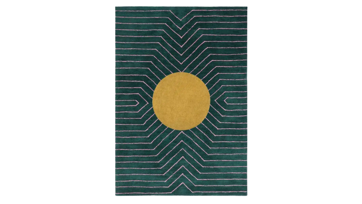 dark teal gold circle geometric hand tufted wool rug 1