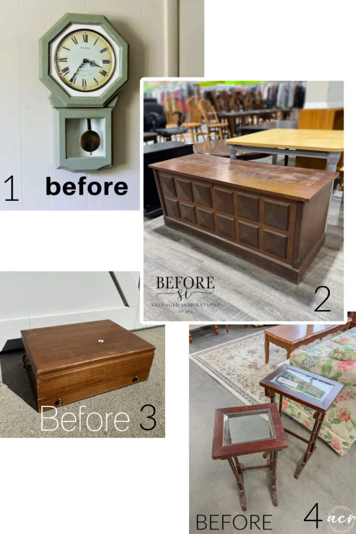 a collage showing four vintage furniture items labeled before: a wall clock, a large wooden chest, a small wood box, and glass topped nesting tables, all in need of restoration.