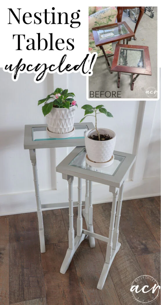 two glass topped nesting tables are shown before and after being upcycled. the before photo features dark wood with glass tops, while the after shows the nesting tables painted light gray and styled with potted plants.