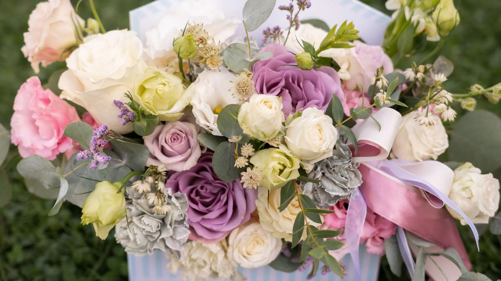 a close-up shot of an arrangement of light colored blooms, all placed on a large container in a well lit garden area outdoors