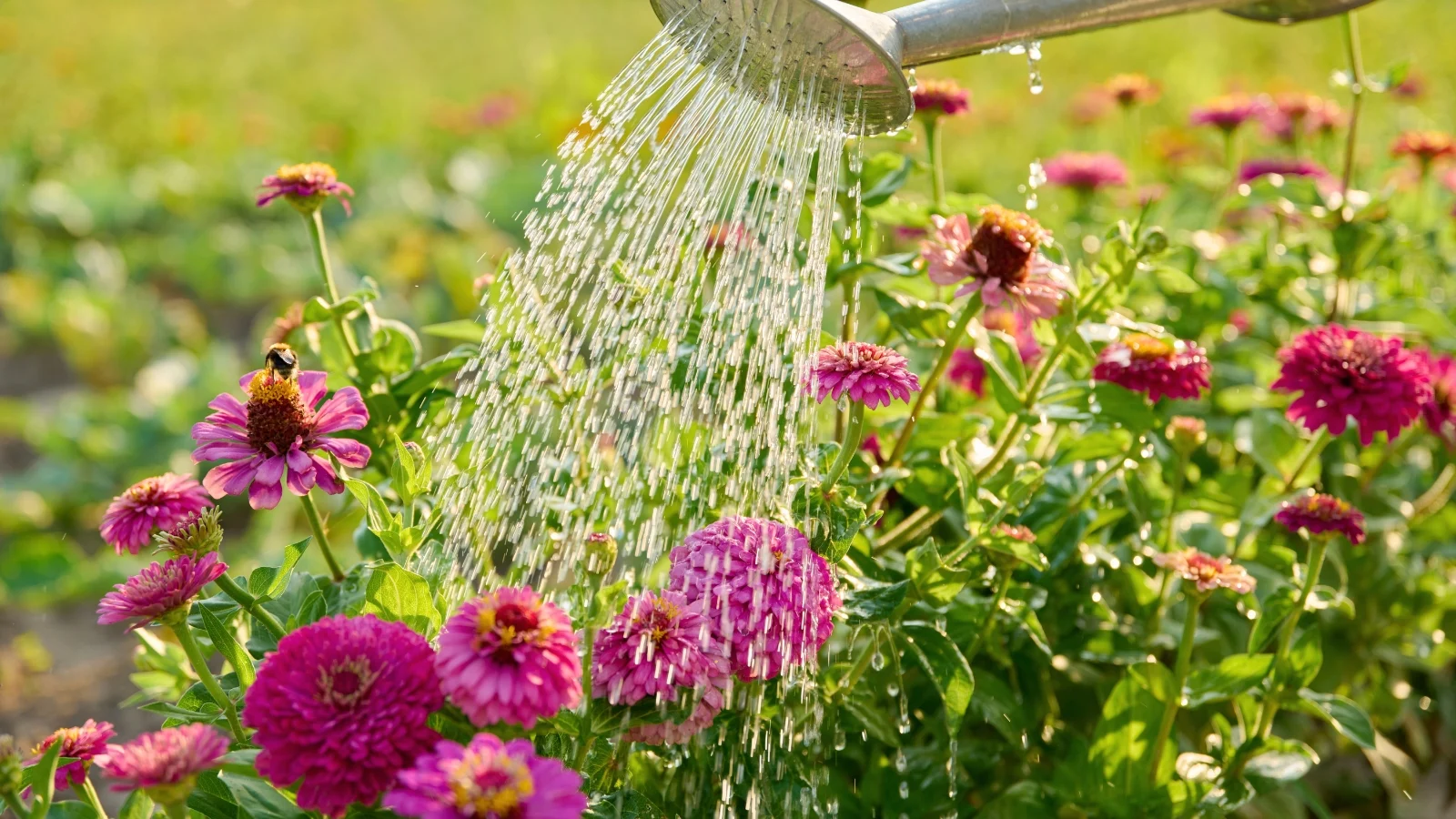 watering bright pink, lush blossoms growing among green foliage using a metal watering can in a sunny garden.