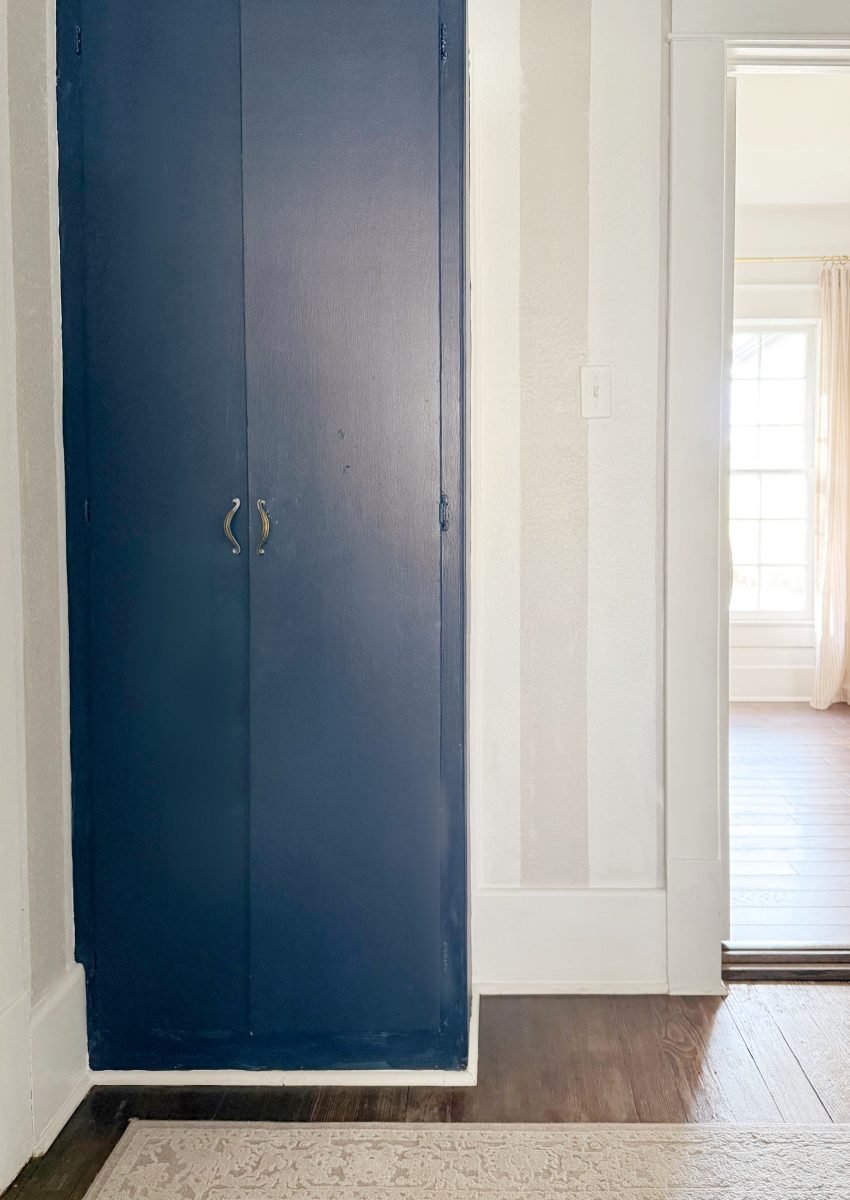 a narrow blue cabinet with double doors and metal handles is built into a white wall, adding charm to this hallway makeover next to a doorway leading to a bright room with wooden floors and large windows. a light-patterned rug rests on the dark floor.