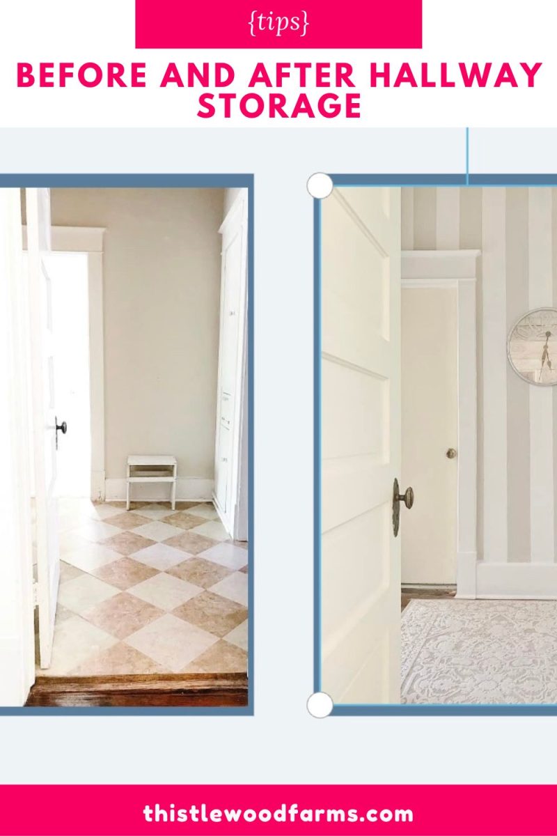 split image shows a hallway makeover: left side is plain with a small bench, right side features striped wallpaper, a wall clock, and cozy carpet. text above reads "before and after hallway storage.