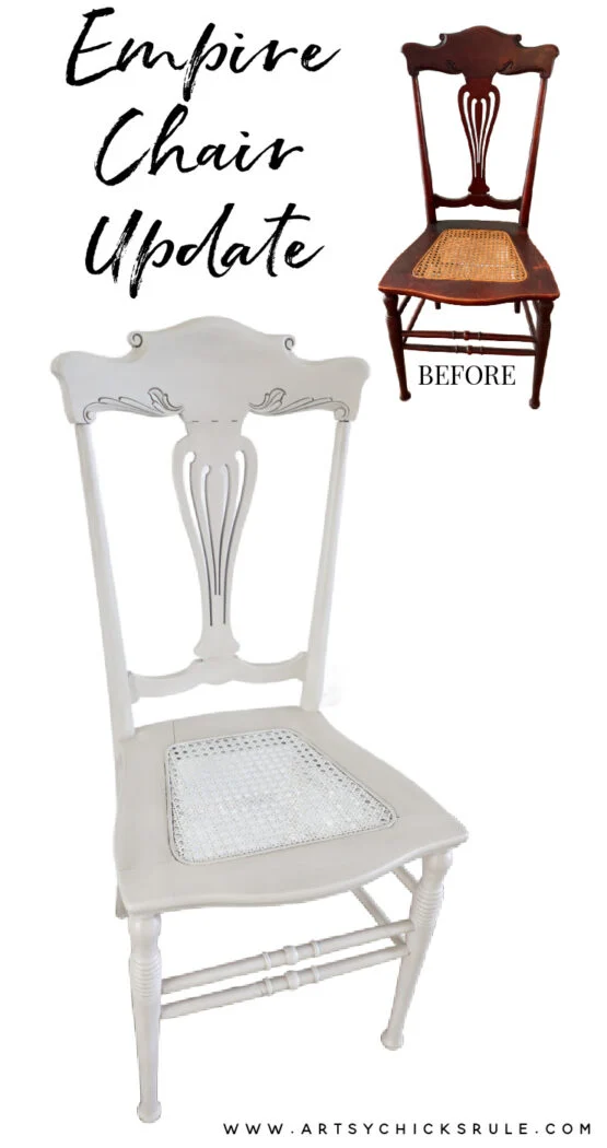 a wooden empire-style vintage chair is shown before and after a vintage chair update; the original dark brown caned seat transforms into a white, decorative piece, highlighting the beauty of expert chair restoration.