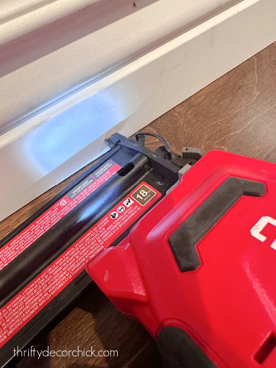 how to add custom diy details to a builder basic kitchen island | thrifty decor chick 3 battery nail gun for baseboards