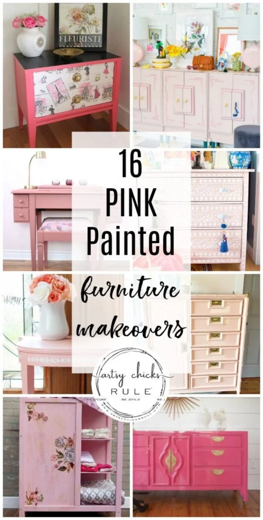 painted furniture color inspiration - artsy chicks rule® 27 a collage of stunning pink furniture makeovers, featuring dressers, desks, and cabinets adorned with floral, gold, or decorative accents. text overlay reads: “16 pink painted furniture makeovers - artsy chicks rule”.