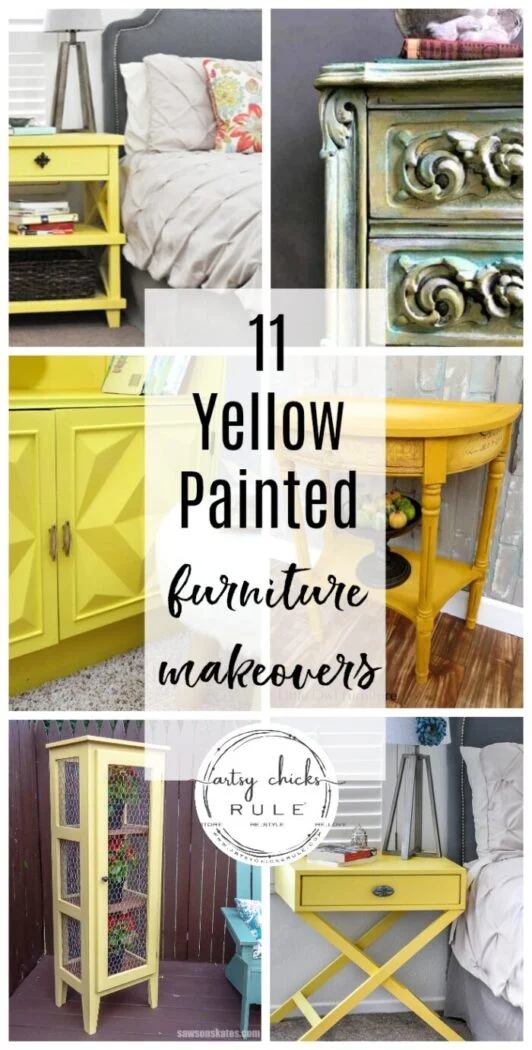 painted furniture color inspiration - artsy chicks rule® 23 collage of six yellow furniture pieces, including nightstands, cabinets, and tables, with text overlay: “11 yellow painted furniture makeovers — artsy chicks rule.”.