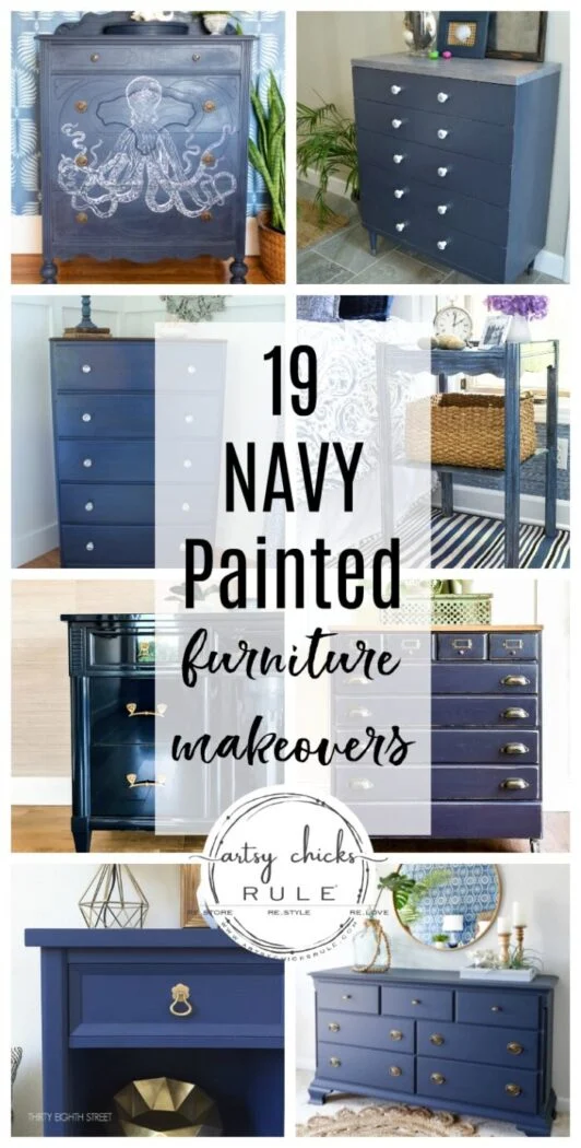 painted furniture color inspiration - artsy chicks rule® 28 collage of navy painted furniture pieces, including dressers, cabinets, and nightstands with gold and silver handles. text overlay reads: 19 navy painted furniture makeovers - artsy chicks rule.