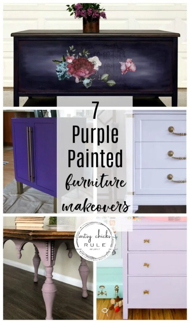 painted furniture color inspiration - artsy chicks rule® 24 a collage of five unique purple furniture pieces, including dressers and tables, with text overlay: 7 purple painted furniture makeovers.