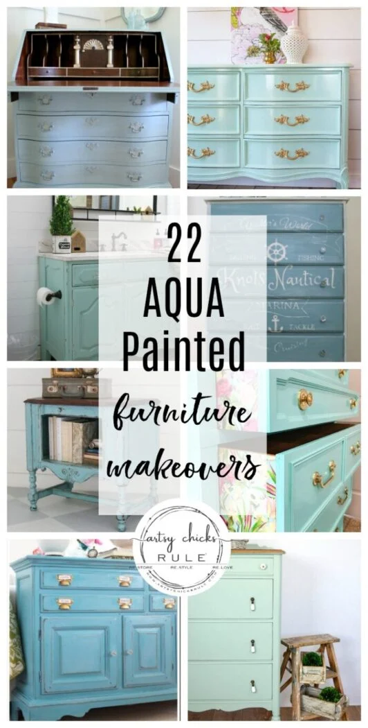 painted furniture color inspiration - artsy chicks rule® 29 collage of aqua painted furniture, including vintage dressers, desks, and cabinets in various shades of aqua, surrounding text that reads 22 aqua painted furniture makeovers.
