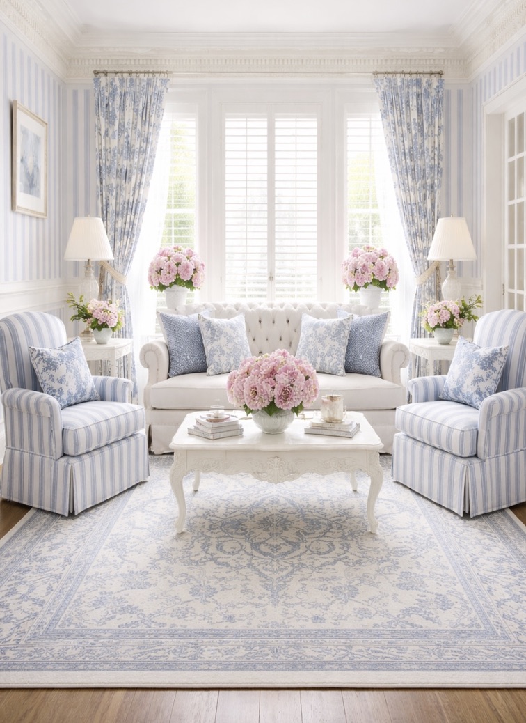 11 things i wish i bought sooner (april edition) 1 a bright, elegant living room with pastel blue and white decor, floral arrangements, striped armchairs, a tufted sofa, and large windows with sheer curtains allowing natural light to fill the space.