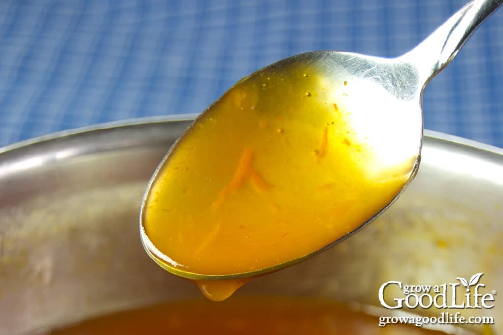 close up of orange sweet and sour sauce on a spoon showing thick glossy texture.