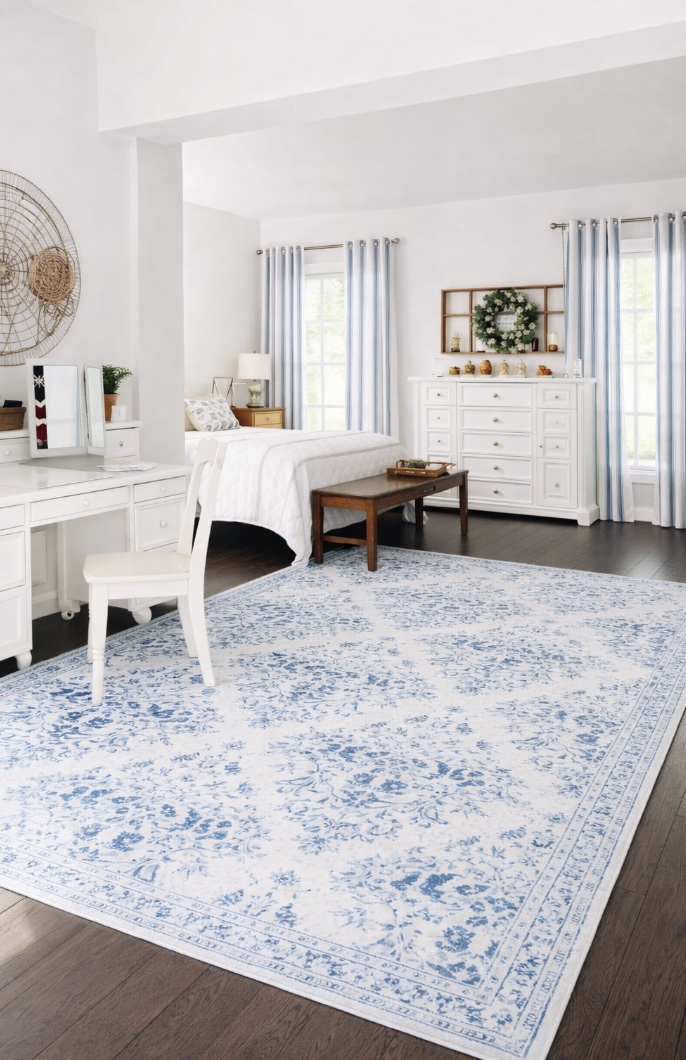 bright bedroom with white furniture, a white bed, blue and white patterned rug, dark wood floor, and large windows with blue and white striped curtains. decor includes a wreath, baskets, and a vanity with a chair.