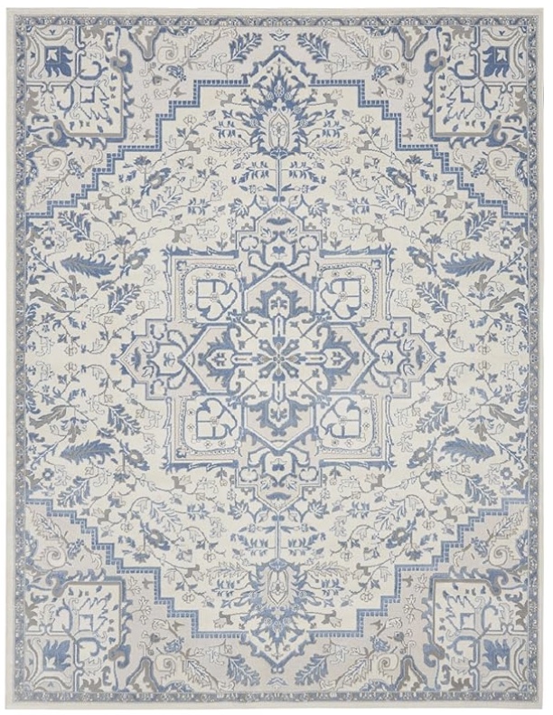 an ornate area rug with an intricate floral and geometric pattern in shades of blue and cream, featuring a large central medallion and detailed border designs.