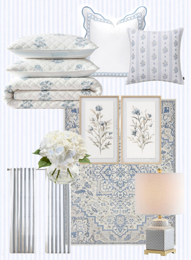 a collage of blue and white bedroom decor, including patterned pillows, quilt, framed floral art, a striped curtain, vase of white hydrangeas, an ornate area rug, and a lamp with a textured base and white shade.