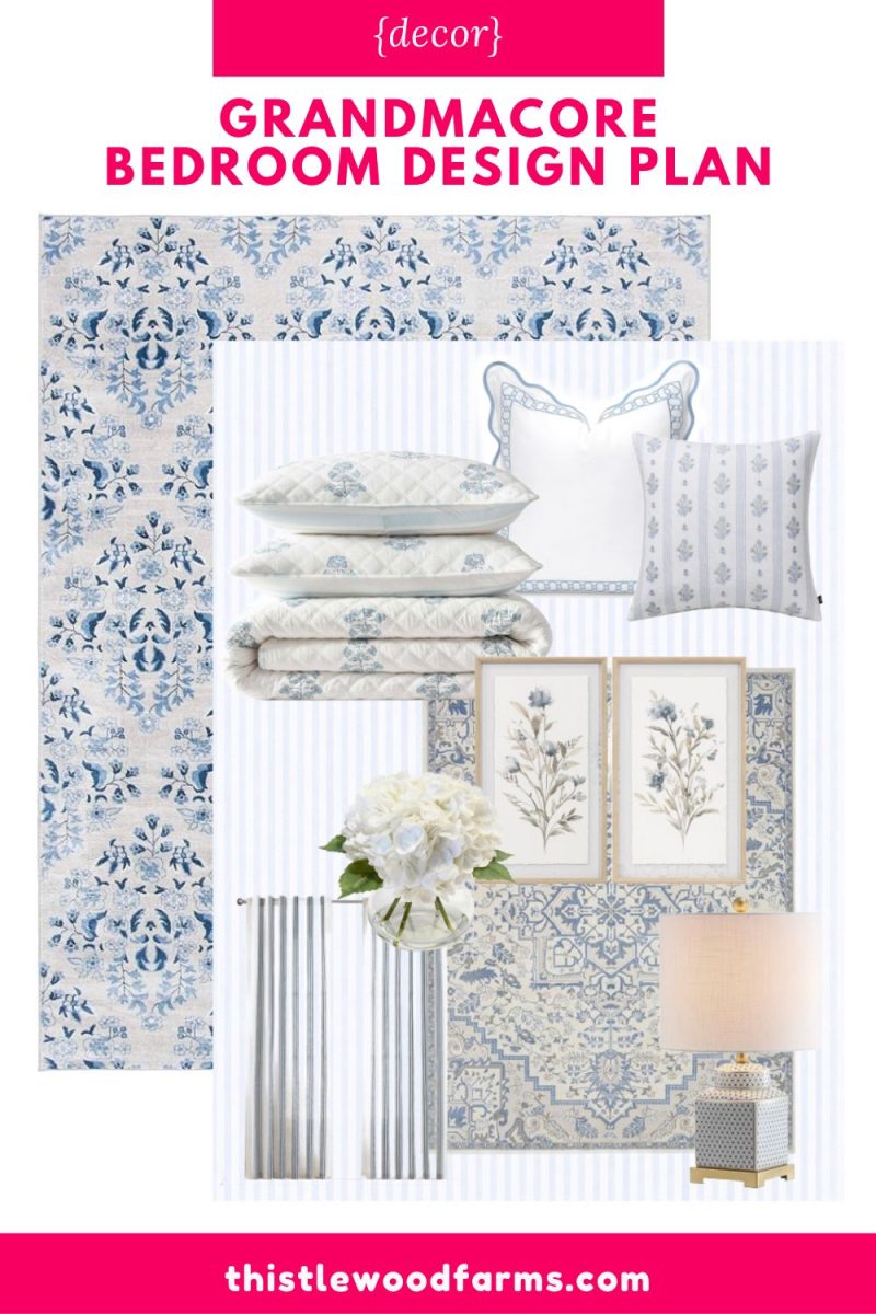mood board featuring grandmacore bedroom decor: blue and white floral bedding, patterned pillows, striped curtains, floral artwork, a floral rug, a lamp, and a white flower arrangement. label reads "grandmacore bedroom design plan.