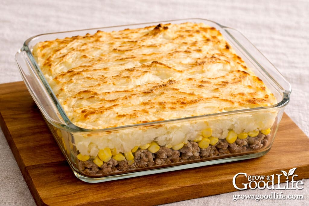 pâté chinois recipe (french-canadian shepherd’s pie) 1 baked pâté chinois in a square glass dish with golden mashed potato topping.