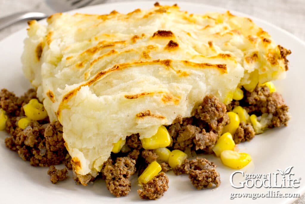 pâté chinois recipe (french-canadian shepherd’s pie) 2 close-up of pâté chinois showing layers of ground beef, corn, and mashed potatoes on a plate.