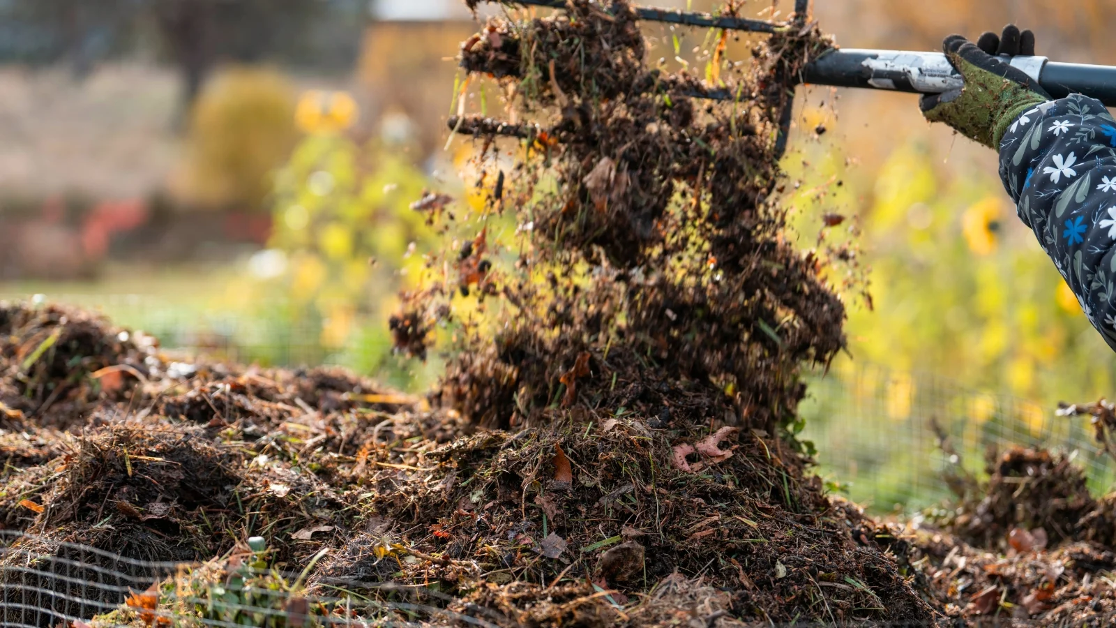 a close-up shot of a person's hands in gloves turning a pile or organic matter using a large garden fork.