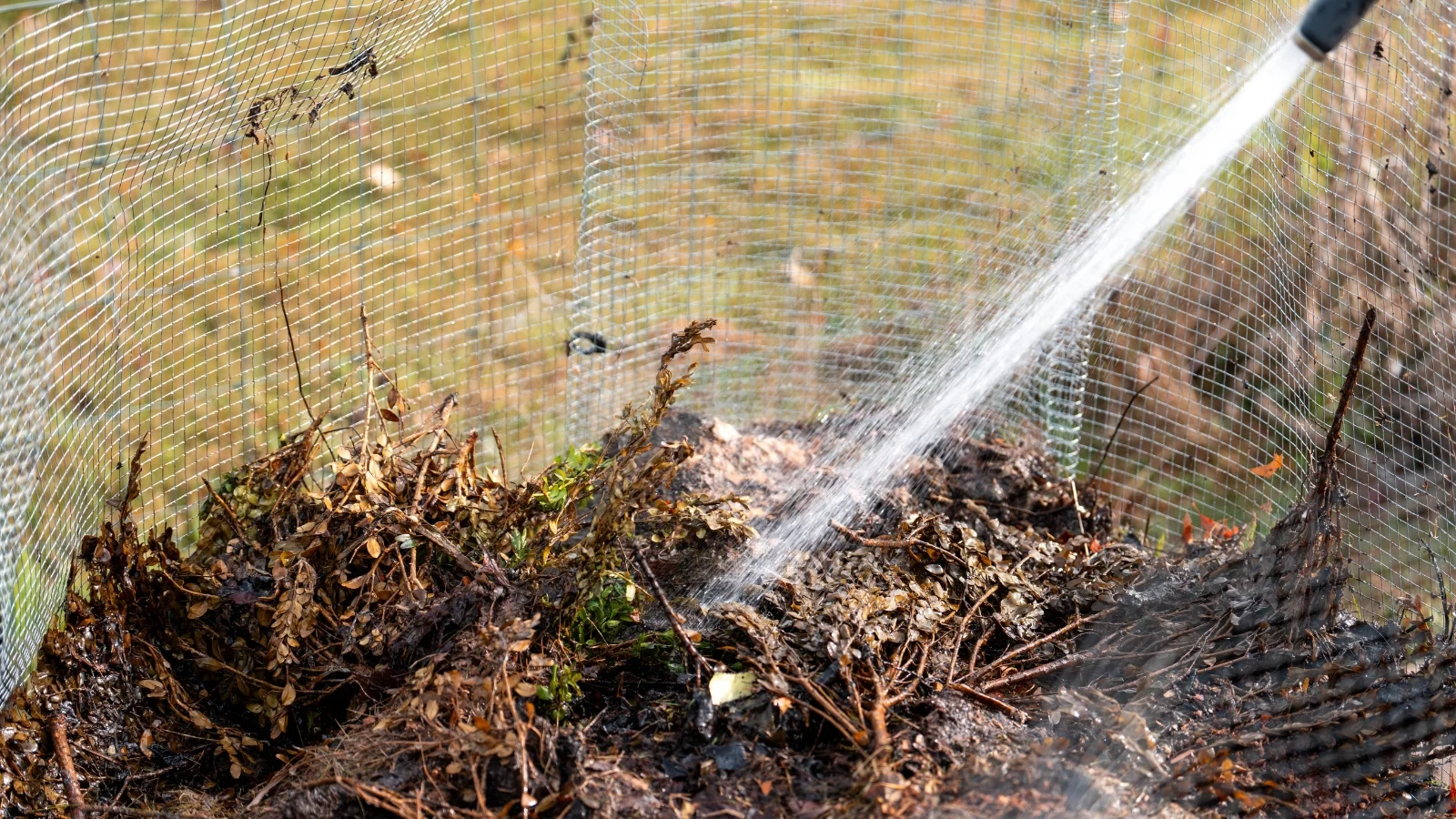 a brown pile of organic matter, enclosed in wire mesh being watered with a garden hose outdoors