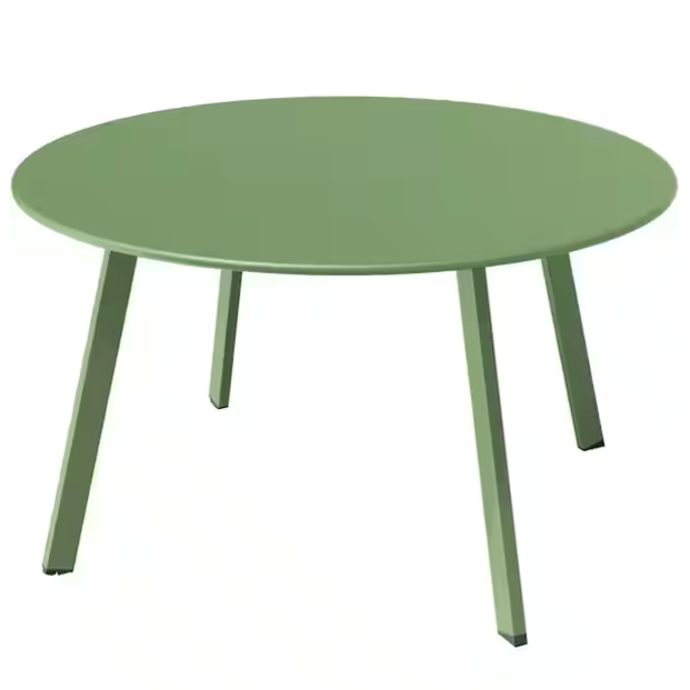 sage green round steel patio table