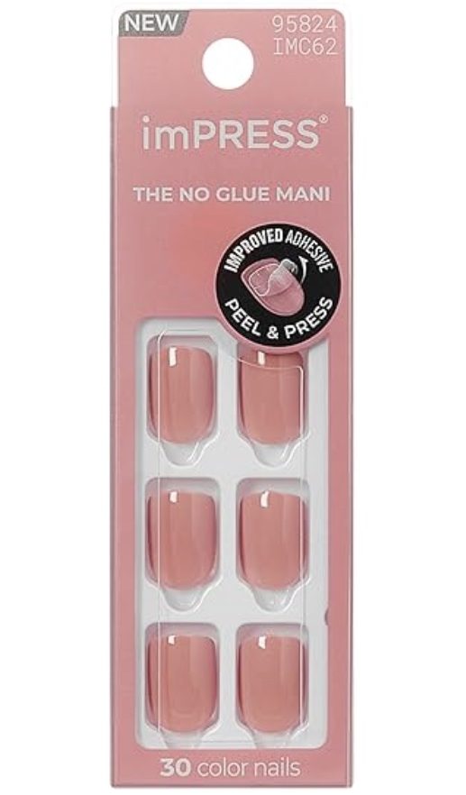 11 things i wish i bought sooner (april edition) 12 a package of impress press-on nails in a light mauve shade, featuring six nails displayed through a clear window. the packaging advertises “no glue mani” and contains 30 color nails with improved adhesive.