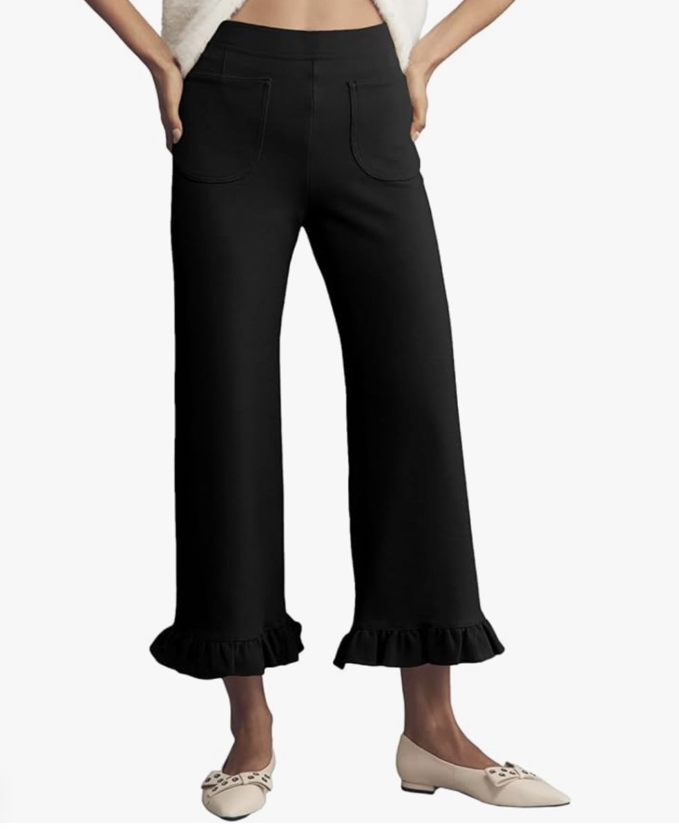 11 things i wish i bought sooner (april edition) 9 a person wears black wide-leg pants with ruffled hems and front pockets, paired with light-colored flats. the image is cropped from mid-torso to feet, showing only the lower body.