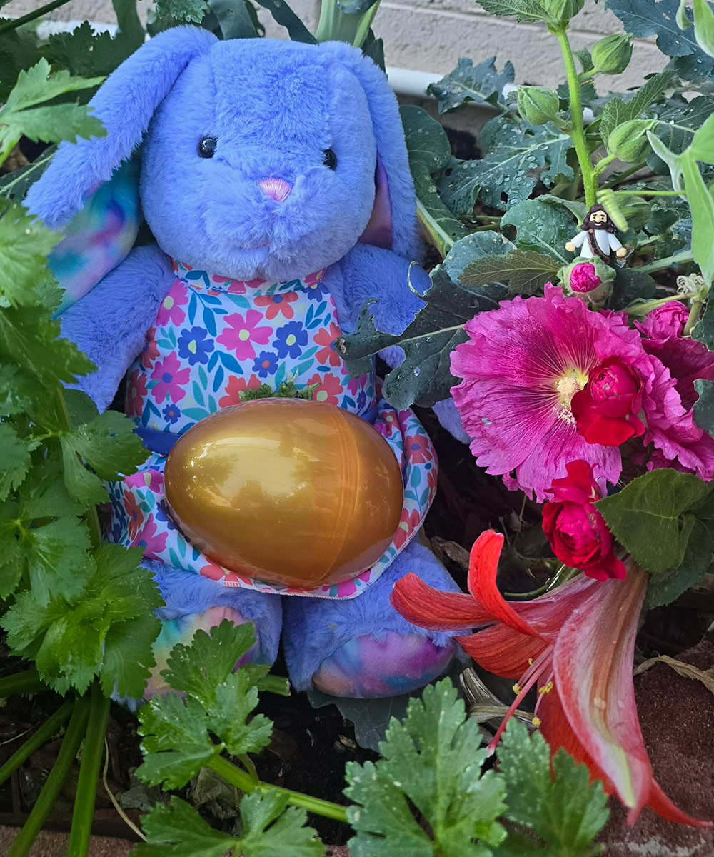 stuffed bunny character next to pink garden flowers