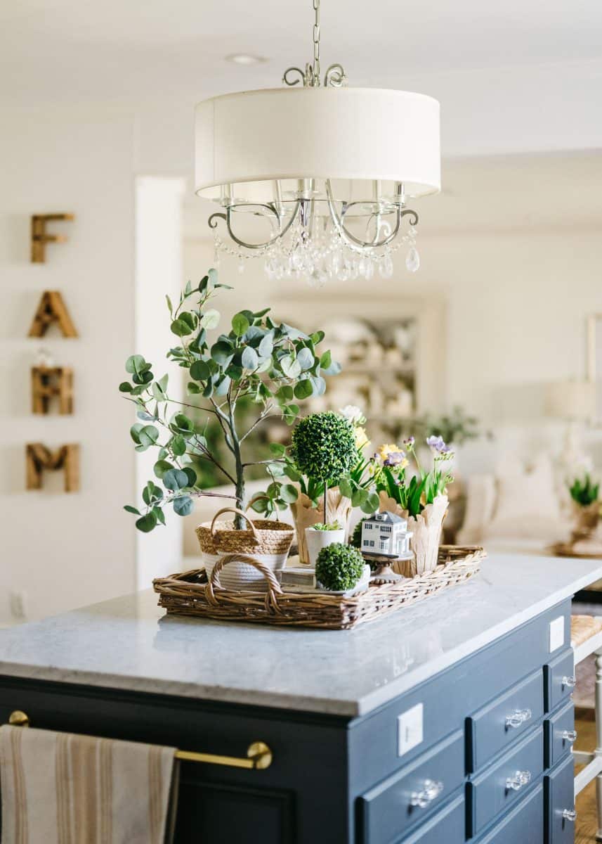 elegant kitchen interior with a beautifully styled countertop featuring a decorative arrangement of green plants and flowers, complemented by a chic chandelier overhead.