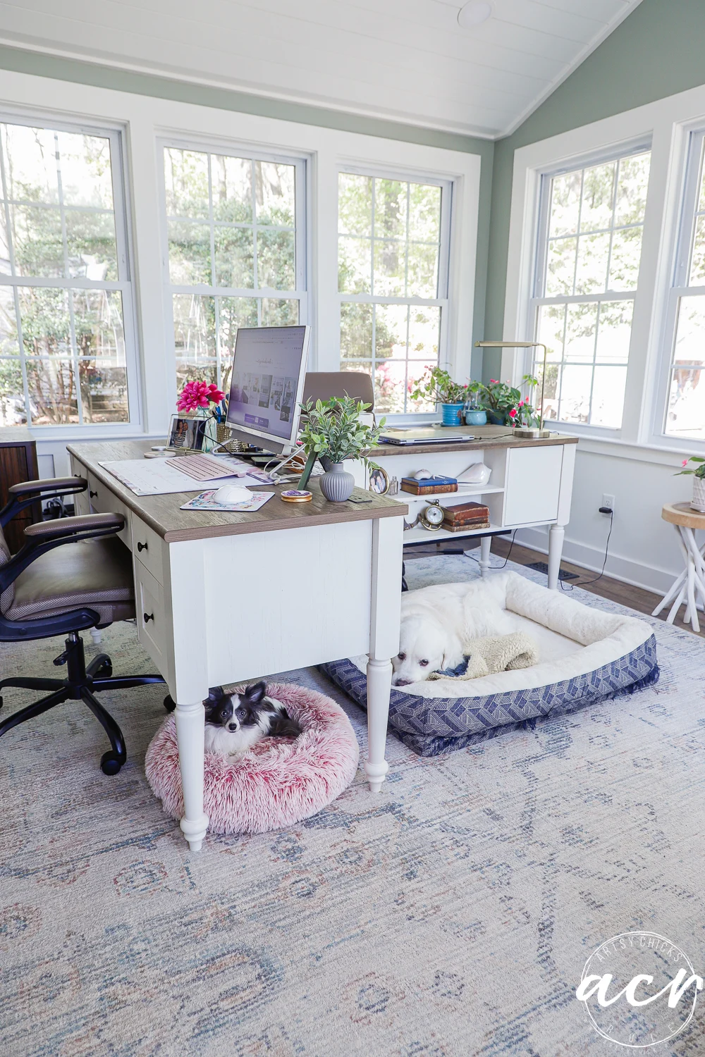 office reveal (sunroom) - artsy chicks rule® 58 a bright sunroom home office with a large desk, computer, and plants. two pets, a cat on a pink bed and a dog on a blue bed, rest beside the desk as sunlight streams in—an inviting space for this office reveal.