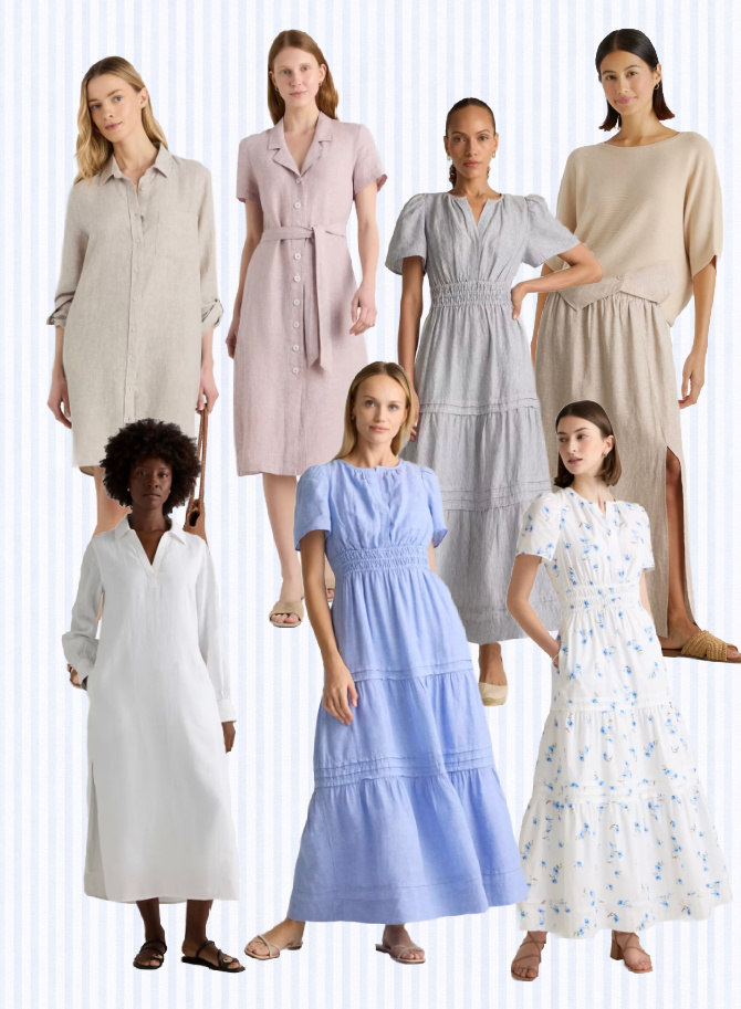 seven women wearing light-colored, casual summer dresses and outfits in neutral, blue, and soft floral tones, standing and posing against a pale, vertically striped background.