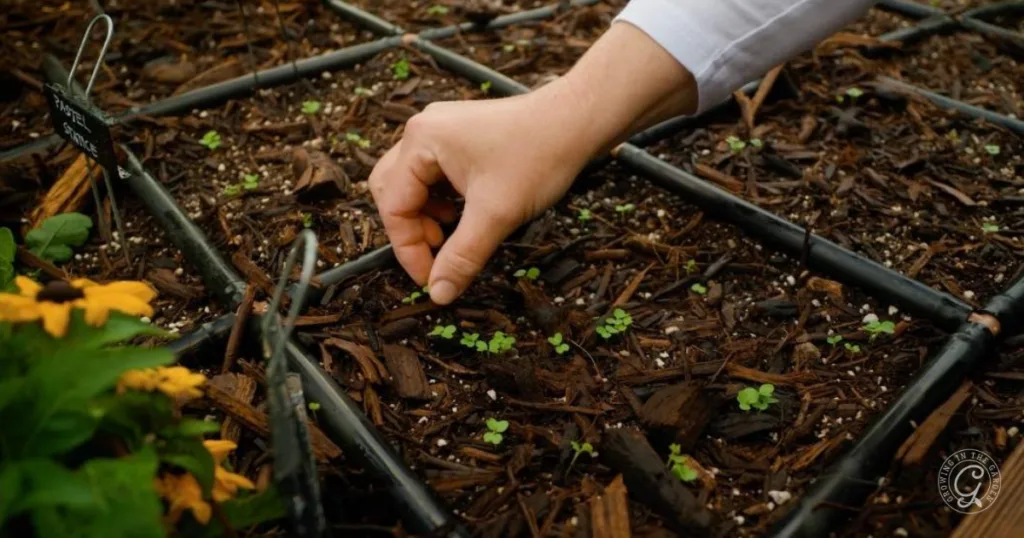 hot weather crops to plant from seed this summer 3 a hand planting seeds in a garden bed with small green seedlings and soil, showing how easy it is to plant from seed and skip the transplants.