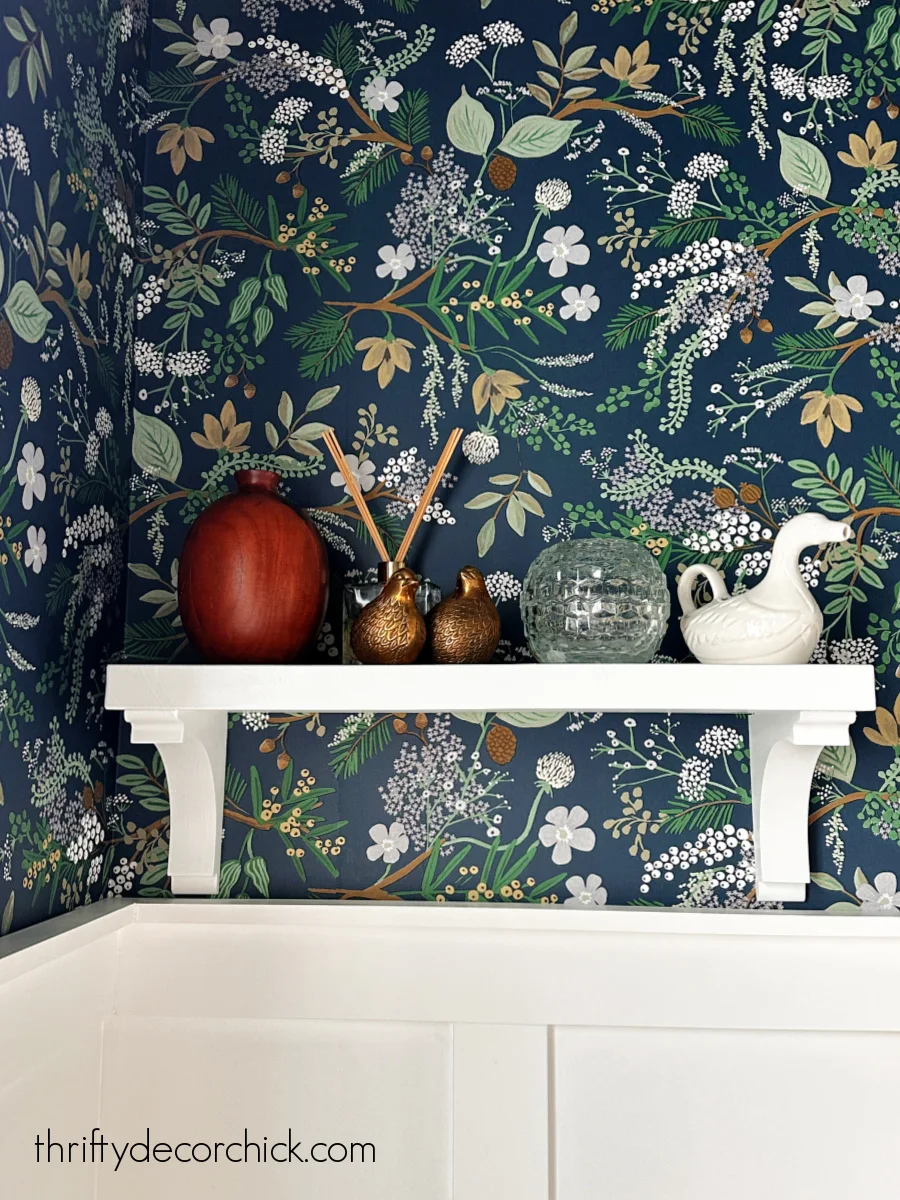 a pretty window diy and finishing touches in the powder room | thrifty decor chick 9 juniper wallpaper white walls