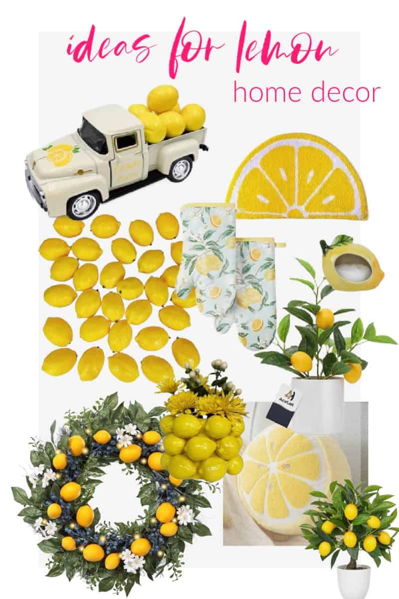 a collage of lemon-themed home decor items, including a toy truck with lemons, a lemon-shaped rug, oven mitts in lemon print, an artificial lemon wreath, a potted lemon plant, and a vase featuring a lemon slice design. text reads "how to decorate with lemons: ideas for your home.
