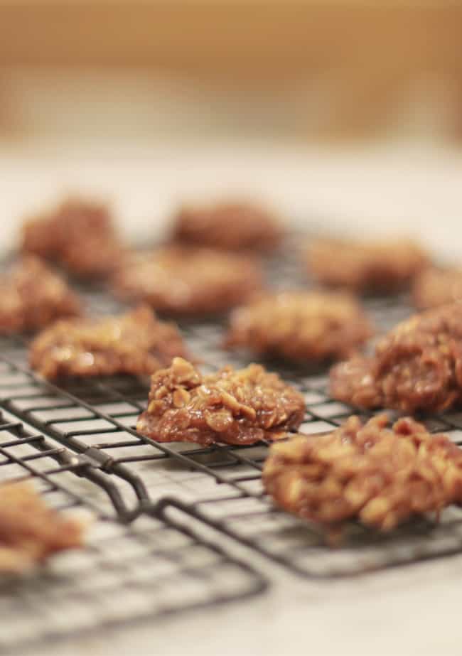 homemade oatmeal cookies cooling on a black wire rack with a blurred background emphasizing the texture of the cookies.